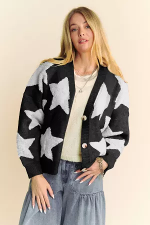 wholesale clothing fuzzy knit star loose fit button down cardigan davi & dani