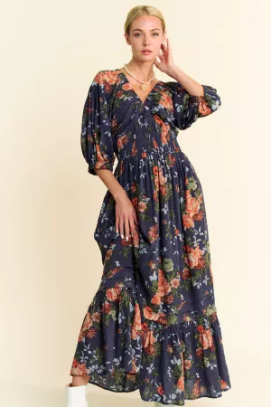 wholesale clothing floral three quarter sleeve smocked maxi dress davi & dani