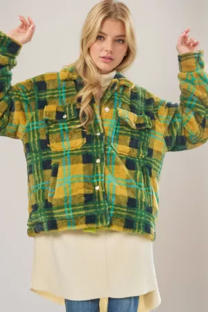 wholesale clothing fuzzy plaid collar button down loose fit jacket davi & dani