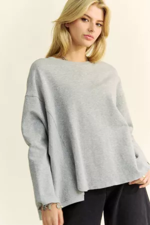 wholesale clothing solid long sleeve round neck side slit detail top davi & dani