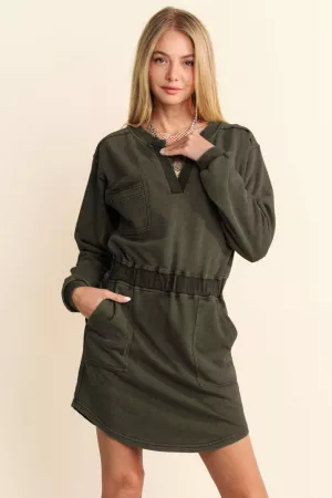 wholesale clothing washed french terry long sleeve utility mini dress davi & dani