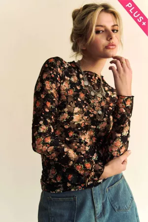 wholesale clothing plus floral print mesh long sleeve layering top davi & dani