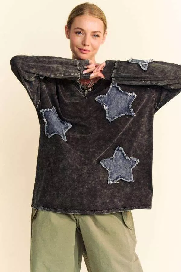 wholesale clothing washed denim star patch loose fit long sleeve top davi & dani