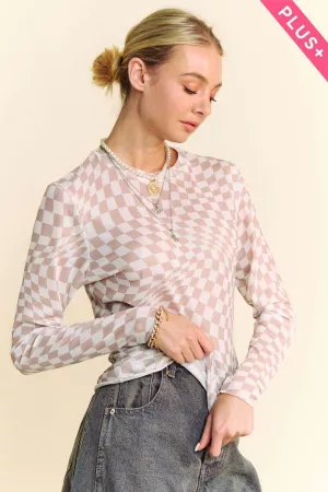 wholesale clothing plus checker board mesh long sleeve layering top davi & dani