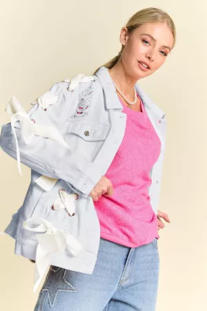 wholesale clothing satin lace up ribbon chest pocket denim jacket davi & dani