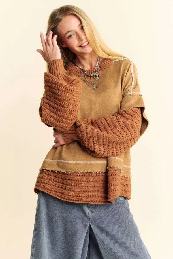 wholesale clothing chunky layered detail ribbed knit trim sweater davi & dani