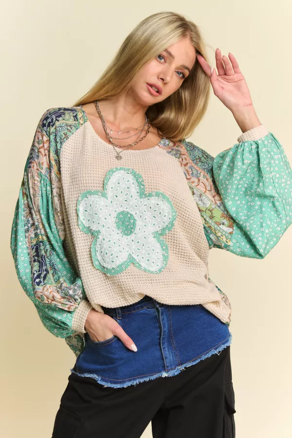 wholesale clothing floral patchwork balloon sleeve knit pullover top davi & dani