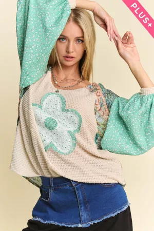 wholesale clothing plus floral patchwork sleeve knit pullover top davi & dani