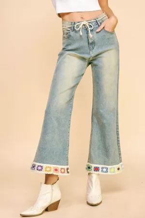 wholesale clothing crochet trim frayed hem flared denim pants jeans davi & dani