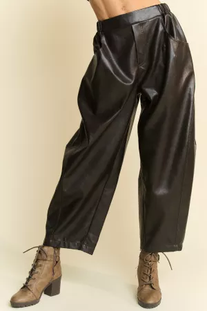 wholesale clothing washed faux leather elastic waist barrel pants davi & dani