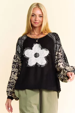 wholesale clothing boho geo flower patchwork balloon sleeve knit top davi & dani