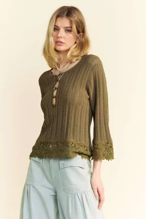 wholesale clothing solid crochet bottom detail textured knit sweater davi & dani