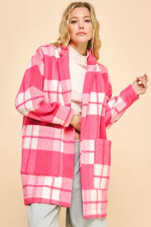 wholesale clothing fuzy checker plaid pockets midi open coat jacket davi & dani