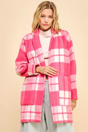 wholesale clothing fuzy checker plaid pockets midi open coat jacket davi & dani