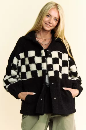 wholesale clothing faux fur checker detail adjustable bottom jacket davi & dani