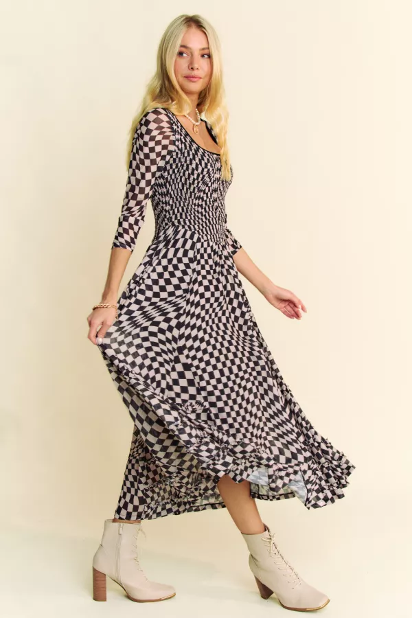 wholesale clothing printed checker mesh flowy skirt maxi dress davi & dani