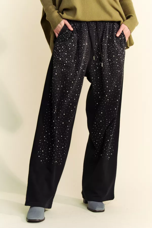 wholesale clothing rhinestone pockets waistband wide leg long pants davi & dani