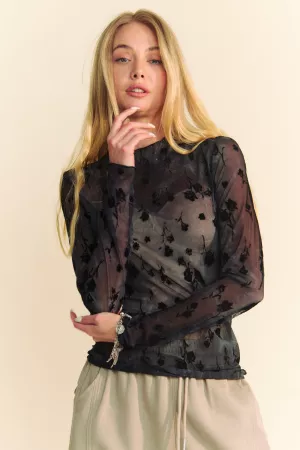 wholesale clothing floral mesh long sleeve sheer layering top davi & dani