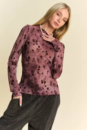 wholesale clothing floral mesh long sleeve sheer layering top davi & dani