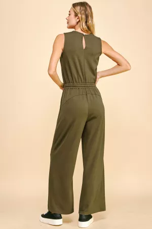 wholesale clothing solid boat neck sleeveless bodice pocket jumpsuit davi & dani