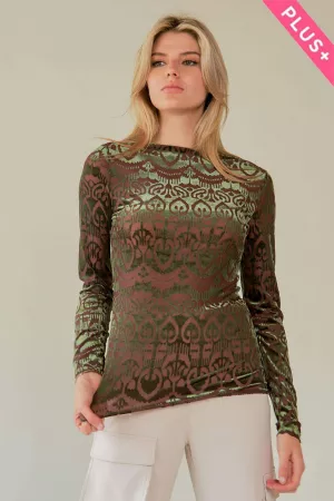 wholesale clothing plus mesh patern printed long sleeve layering top davi & dani