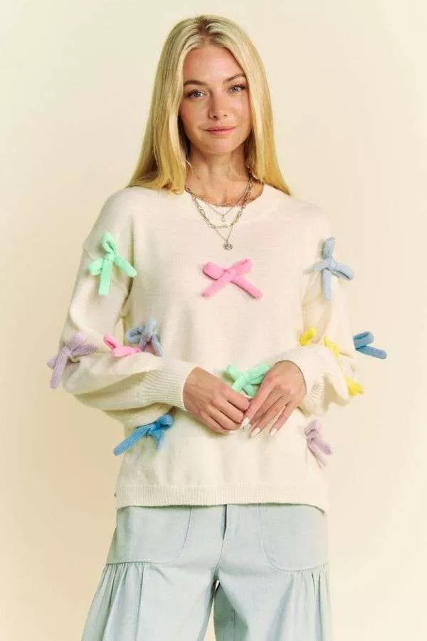 wholesale clothing multi color ribbon bow tie loose fit knit sweater davi & dani