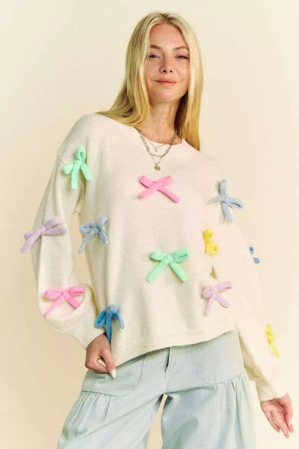 wholesale clothing multi color ribbon bow tie loose fit knit sweater davi & dani