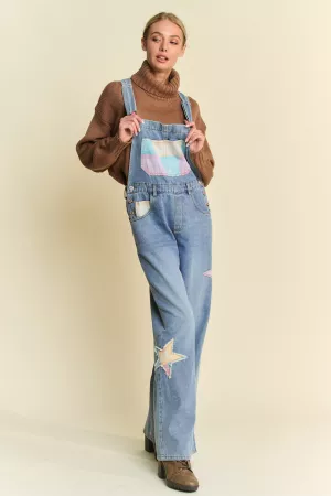 wholesale clothing printed star patchwork detail denim overall pants davi & dani