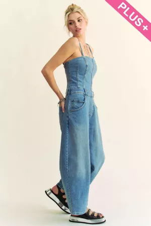 wholesale clothing plus cami straps pockets washed denim jumpsuit davi & dani