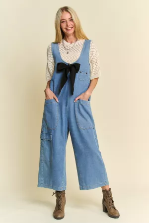 wholesale clothing washed soft denim bow tie zipper front jumpsuit davi & dani