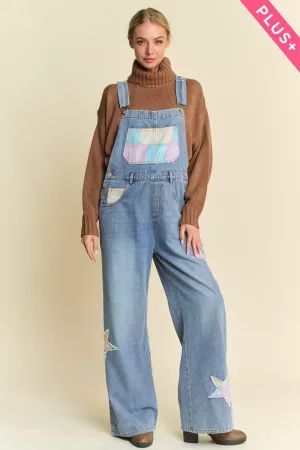 wholesale clothing plus printed star patchwork denim overall pants davi & dani