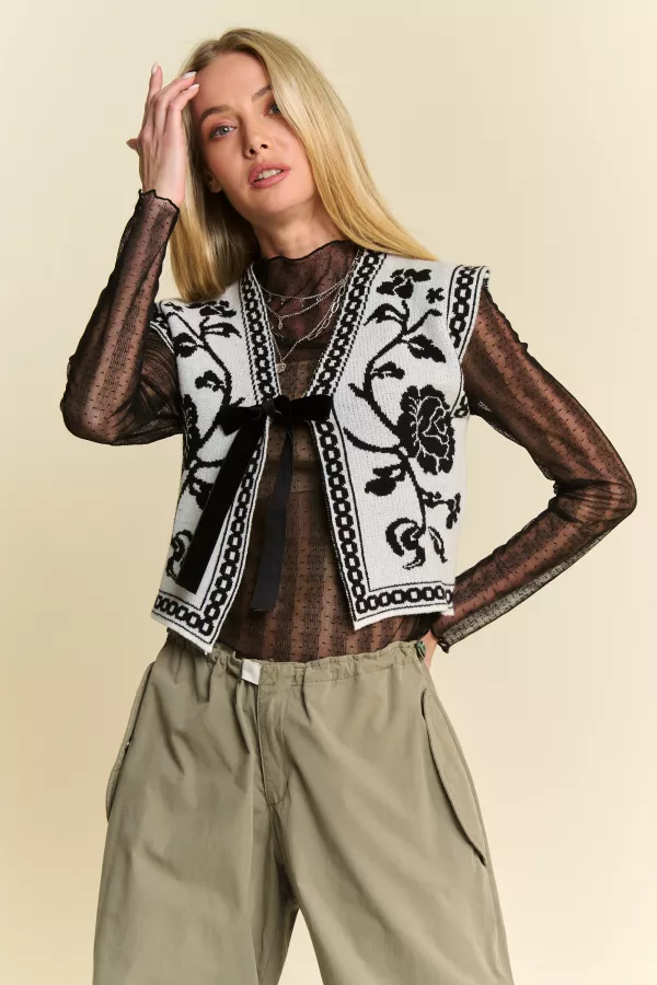 wholesale clothing ethnic floral jacquard tie front knit vest jacket davi & dani