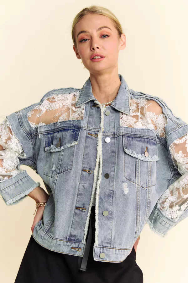 wholesale clothing floral embroidery lace distressed denim jacket davi & dani