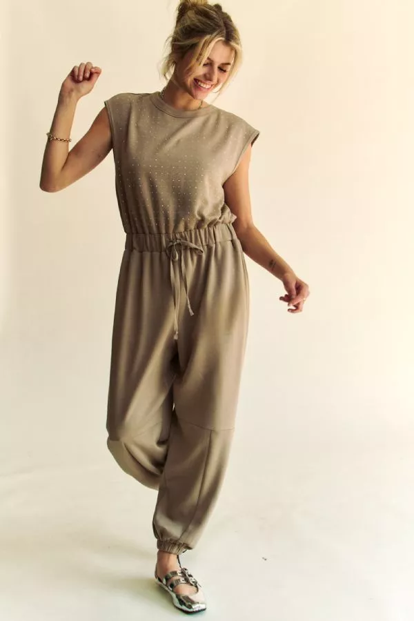 wholesale clothing crew neck rhinestone detail top jogger jumpsuit davi & dani