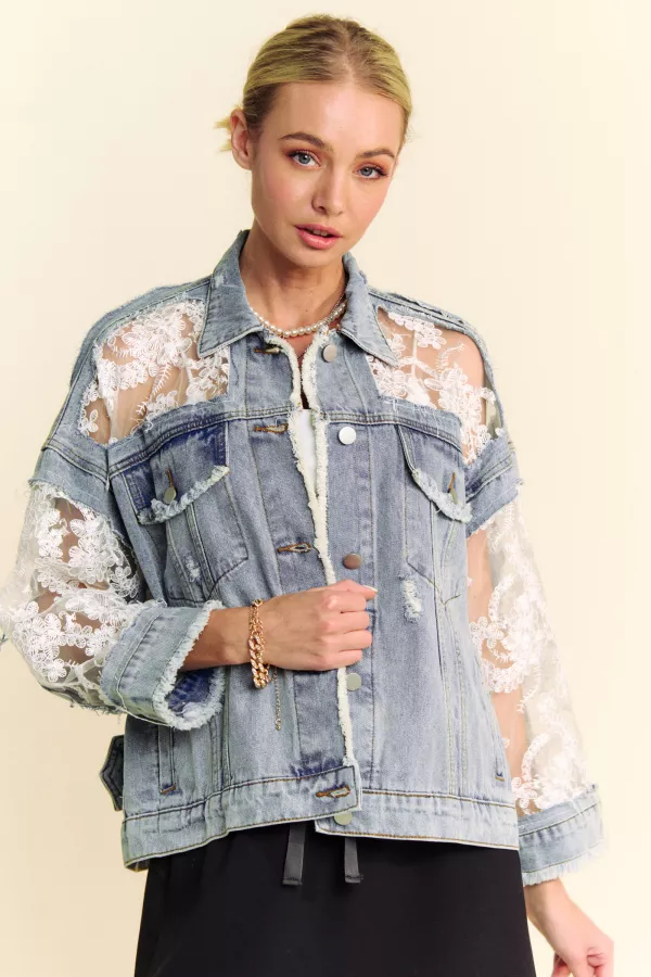 wholesale clothing floral embroidery lace distressed denim jacket davi & dani