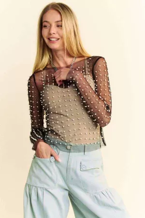 wholesale clothing bead and pearl embellished long sleeves mesh top davi & dani