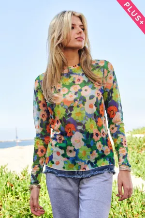 wholesale clothing plus flower print mesh round neck long sleeve top davi & dani