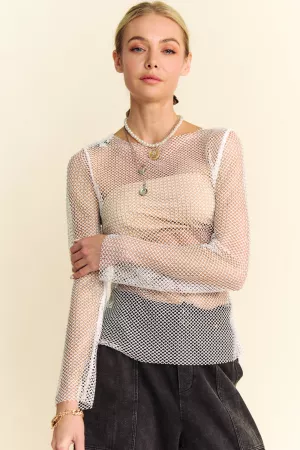 wholesale clothing sparkling diamante detail sheer mesh mock neck top davi & dani