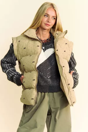 wholesale clothing ribbon bow print puffer zip up down vest jacket davi & dani