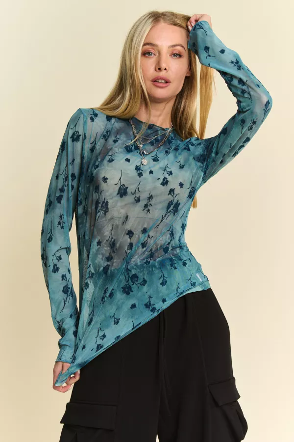 wholesale clothing floral mesh long sleeve sheer layering top davi & dani