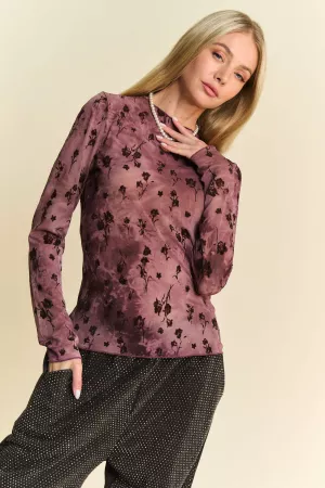 wholesale clothing floral mesh long sleeve sheer layering top davi & dani