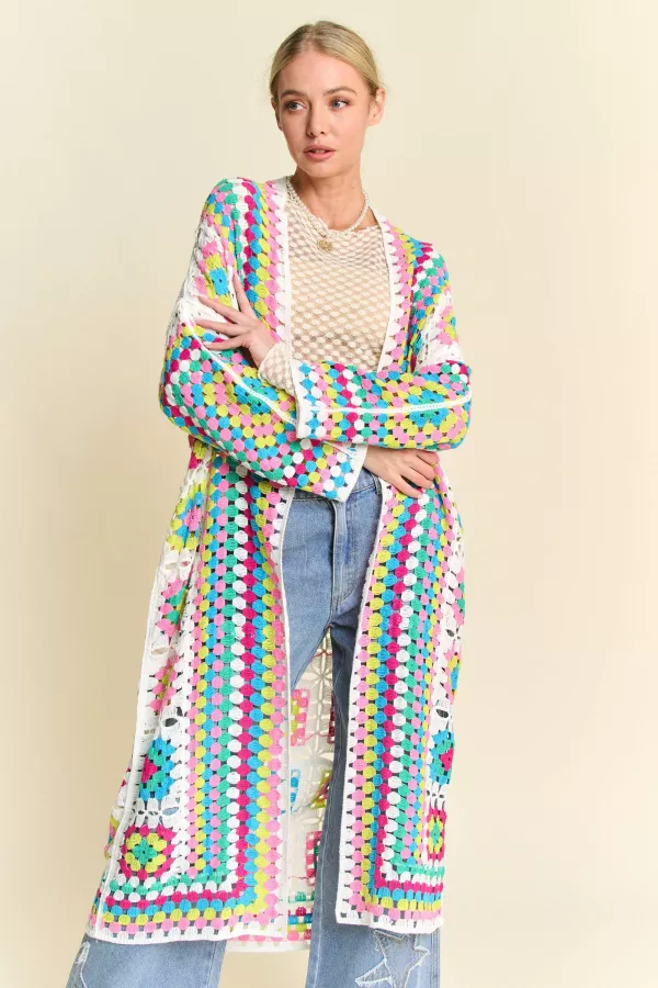 wholesale clothing granny square open midi crochet knit cardigan davi & dani