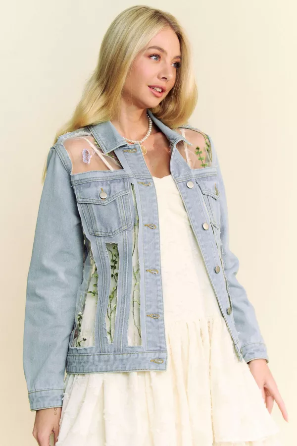 wholesale clothing floral embroidery mesh button down denim jacket davi & dani