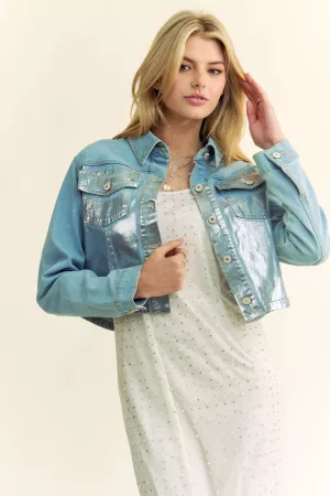 wholesale clothing foiled denim button down long sleeve crop jacket davi & dani