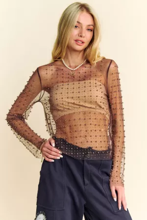 wholesale clothing bead and pearl embellished long sleeves mesh top davi & dani