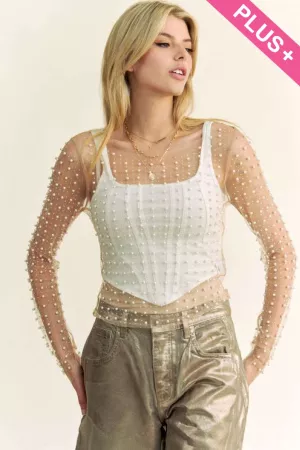 wholesale clothing plus bead pearl embellished long sleeves mesh top davi & dani