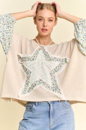 wholesale clothing multi star patchwork ditsy sleeve waffle knit top davi & dani