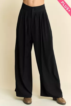 wholesale clothing plus solid back pocket shirring wide leg pants davi & dani