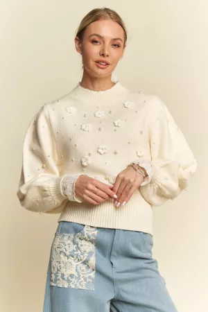 wholesale clothing peral flower trim long sleeve loose fit sweater davi & dani