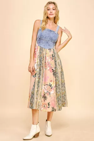 wholesale clothing floral stripe mixed skirt denim bodice midi dress davi & dani